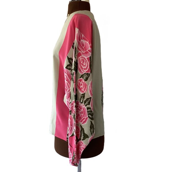 Olive/Fushia Floral Print Silk Blouse - Picture 2 of 8
